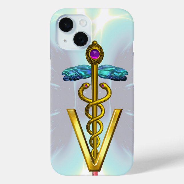 GOLDEN CADUCEUS VETERINÄRSYMBOL Light Blue Aquamar iPhone 15 Hülle (Rückseite)