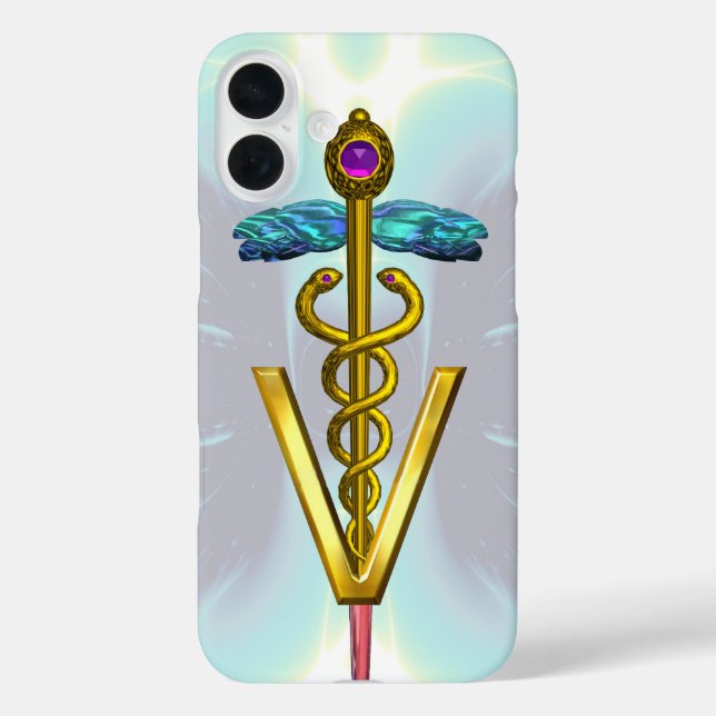 GOLDEN CADUCEUS VETERINÄRSYMBOL Light Blue Aquamar iPhone 16 Plus Hülle (Rückseite)