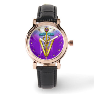 GOLDEN CADUCEUS VETERINÄRSYMBOL / Lila Armbanduhr
