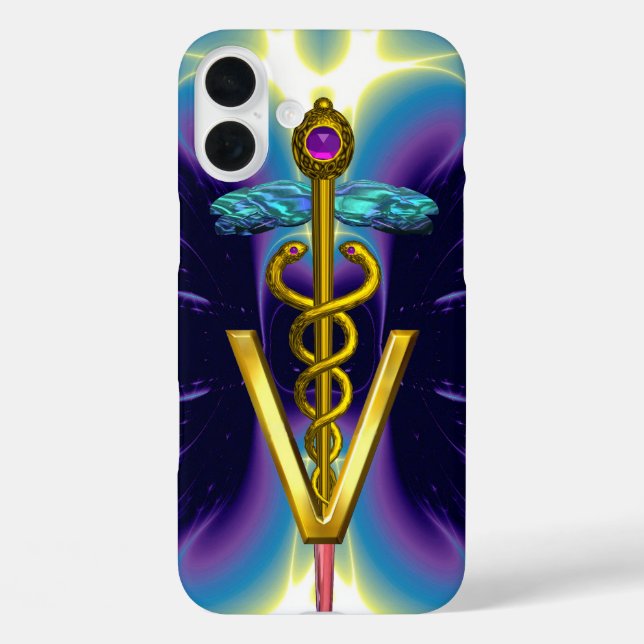 GOLDEN CADUCEUS VETERINÄRSYMBOL / Lila blau iPhone 16 Plus Hülle (Rückseite)