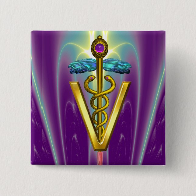 GOLDEN CADUCEUS VETERINÄRSYMBOL / Lila grün Button (Vorderseite)