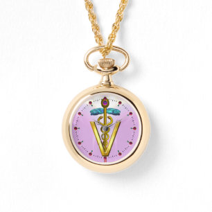 GOLDEN CADUCEUS VETERINÄRSYMBOL / Pink, Lilac Armbanduhr