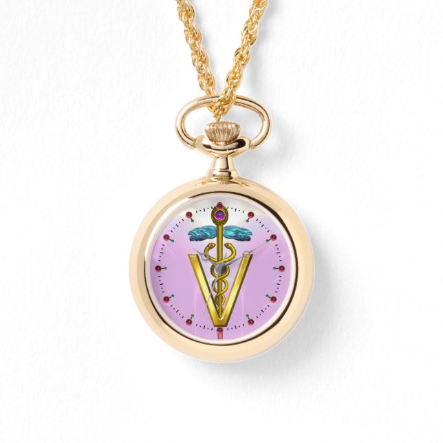 GOLDEN CADUCEUS VETERINÄRSYMBOL / Pink, Lilac Armbanduhr (Vorderseite)