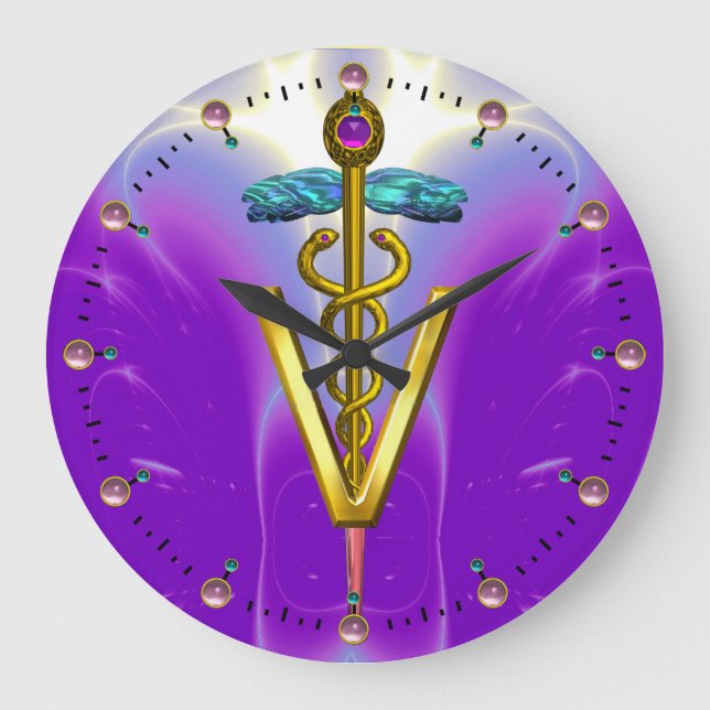 GOLDEN CADUCEUS VETERINARY SYMBOL / Blue Purple Große Wanduhr (Vorderseite)