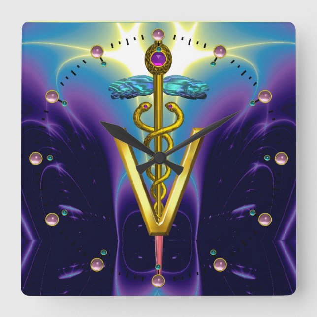 GOLDEN CADUCEUS VETERINARY SYMBOL /  Blue Purple Quadratische Wanduhr (Vorderseite)