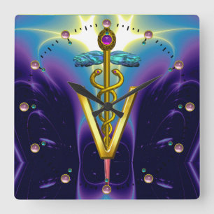 GOLDEN CADUCEUS VETERINARY SYMBOL /  Blue Purple Quadratische Wanduhr