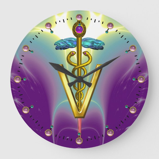 GOLDEN CADUCEUS VETERINARY SYMBOL / Purple Teal Große Wanduhr (Vorderseite)