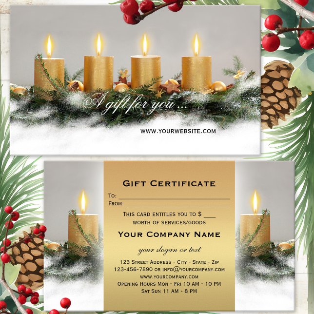 Golden Candles Weihnachtsgeschenk Vorlage (Festive Christmas Holidays gift certificate featuring golden candles with pine twigs in snow)