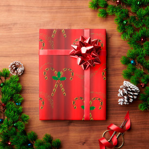 Golden Candy Canes on Red Christmas Geschenkpapier