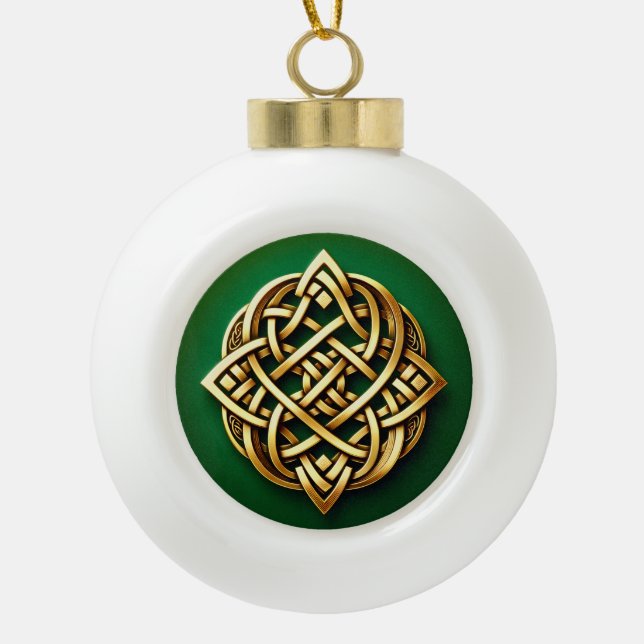 Golden Celtic Knot on Green Keramik Kugel-Ornament (Vorderseite)