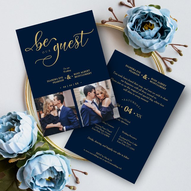 Golden Charm Navy Blue Romantic Wedding Einladung (Golden Charm Navy Blue Romantic Wedding Invitation Card.)