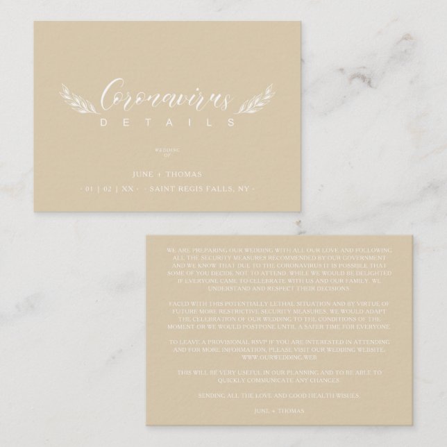 Golden Chic Wedding Minimalist Coronavirus Details Begleitkarte (Vorne/Hinten)