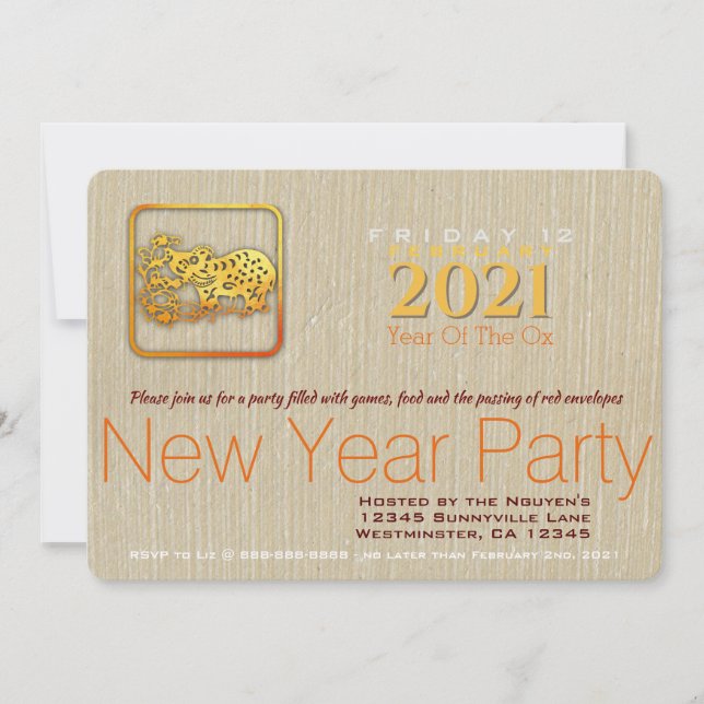 Golden Chinese Paper-cut Ox Year 2021 Party Inv. (Vorderseite)
