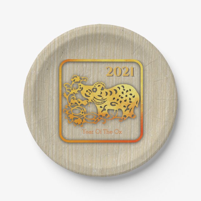 Golden Chinese Paper-cut Ox Year 2021 PP Pappteller (Vorderseite)