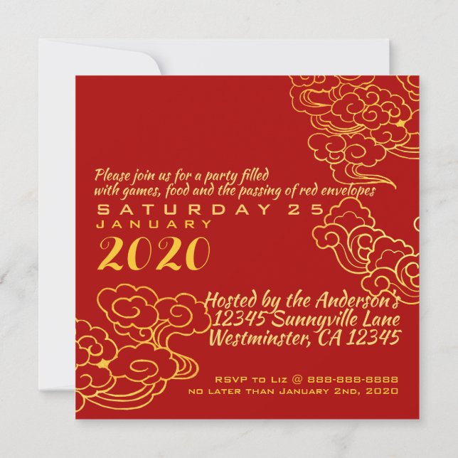 Golden Chinese Paper-cut Rat Year 2020 SFC Einladung (Rückseite)