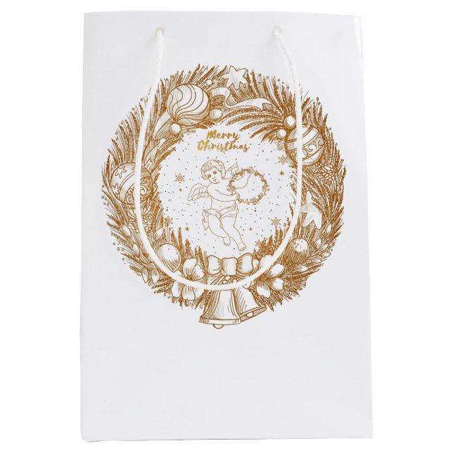 Golden Christmas Angel-Wreath-Merry Weihnachten Mittlere Geschenktüte (Vorderseite)