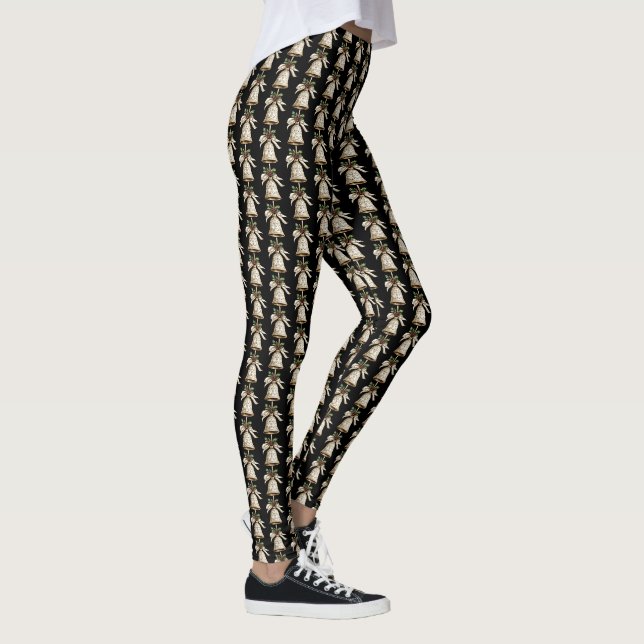 Golden Christmas Bell Green Blätter Schwarzes Eleg Leggings (Rechts)