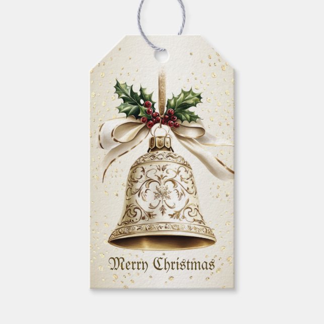 Golden Christmas Bell Shiny Stars Grüne Blätter Geschenkanhänger (Vorderseite)