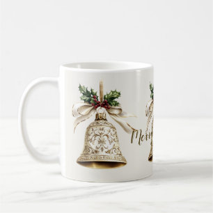 Golden Christmas Bell Shiny Stars Grüne Blätter Kaffeetasse
