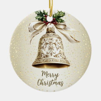 Golden Christmas Bell Shiny Stars Grüne Blätter Keramik Ornament