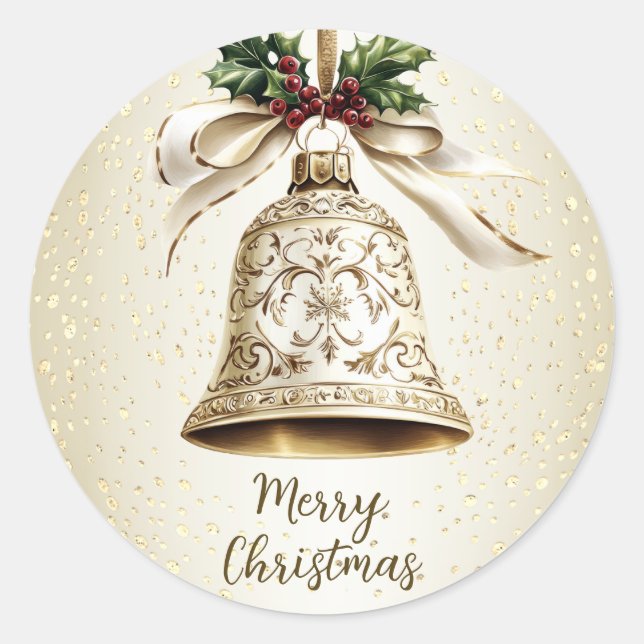 Golden Christmas Bell Shiny Stars Grüne Blätter Runder Aufkleber (Vorderseite)