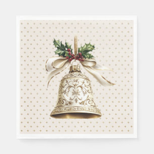 Golden Christmas Bell Shiny Stars Grüne Blätter Serviette