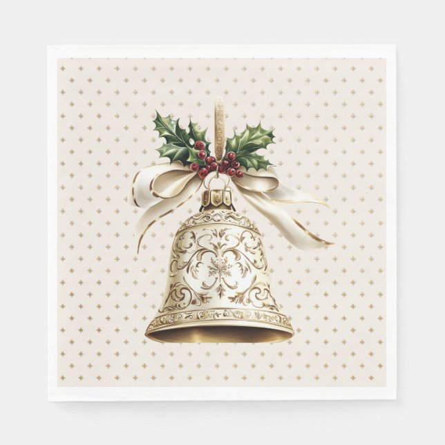 Golden Christmas Bell Shiny Stars Grüne Blätter Serviette (Vorderseite)