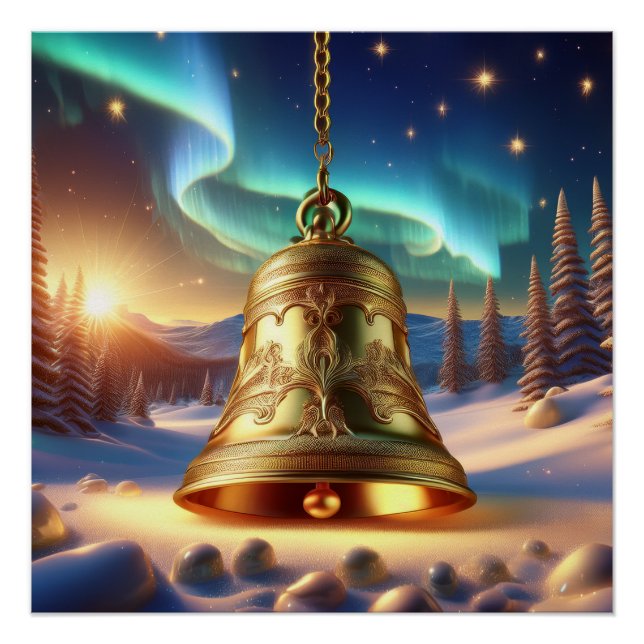 Golden Christmas Bell  Snowy Winter Scene Glossy Poster (Vorderseite)