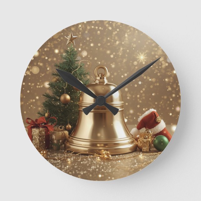 Golden Christmas Bell Wall Clock – Festive Holiday Runde Wanduhr (Vorderseite)