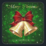 Golden Christmas Bells Red Bow Quadratischer Aufkleber<br><div class="desc">Hübsche goldene Weihnachtsglocken mit einem großen roten Bogen-Set vor einem glänzenden Bughampenlicht,  das funkelt. Ein goldener Shimmer-Rahmen und ein goldener,  fröhlicher Weihnachtstext tragen zum festlichen Spaß bei!</div>