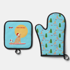 Golden Christmas Blue Beach Day Oven Mitt Set