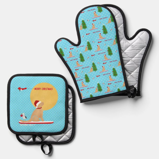 Golden Christmas Blue Beach Day Oven Mitt Set (Vorderseite/Rückseite)