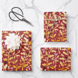 Golden Christmas Holly Muster auf rot Geschenkpapier Set