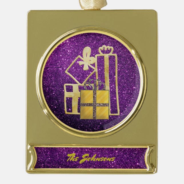 Golden Christmas Präsentiert Lila Imitate Glitzer Banner-Ornament Gold (Vorderseite)