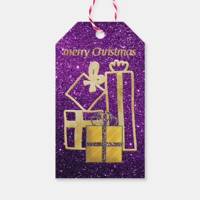 Golden Christmas Präsentiert Lila Imitate Glitzer Geschenkanhänger (Vorderseite)