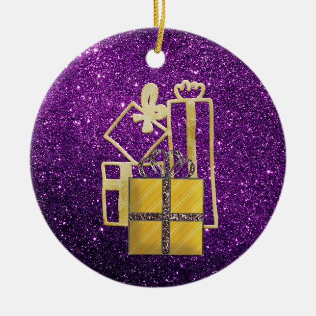Golden Christmas Präsentiert Lila Imitate Glitzer Keramik Ornament (Vorne)