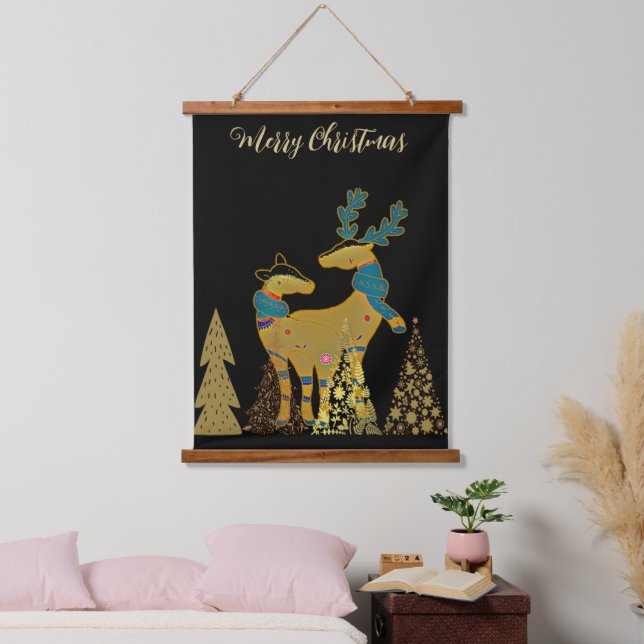 Golden Christmas Rentier Couple Trees Wall Deco Wandteppich Mit Holzrahmen (Schlafzimmer)