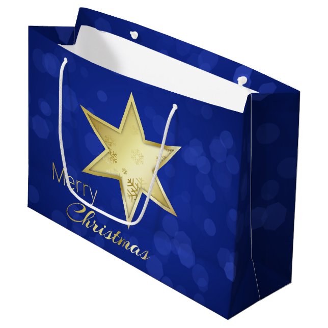 Golden Christmas Star Blue Bokeh Große Geschenktüte (Vorderseite Schrägansicht)