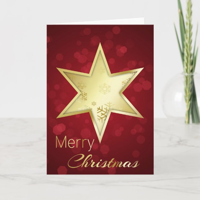 Golden Christmas Star Red Bokeh Feiertagskarte (Vorderseite)