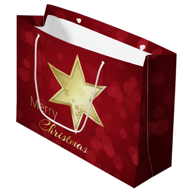 Golden Christmas Star Red Bokeh Große Geschenktüte (Vorderseite Schrägansicht)