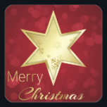 Golden Christmas Star Red Bokeh Quadratischer Aufkleber<br><div class="desc">Ein goldener Stern mit Schneeflocken auf einem roten Background und fröhlichem Weihnachtskalligrafietext.</div>