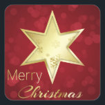 Golden Christmas Star Red Bokeh Quadratischer Aufkleber<br><div class="desc">Ein goldener Stern mit Schneeflocken auf einem roten Background und fröhlichem Weihnachtskalligrafietext.</div>