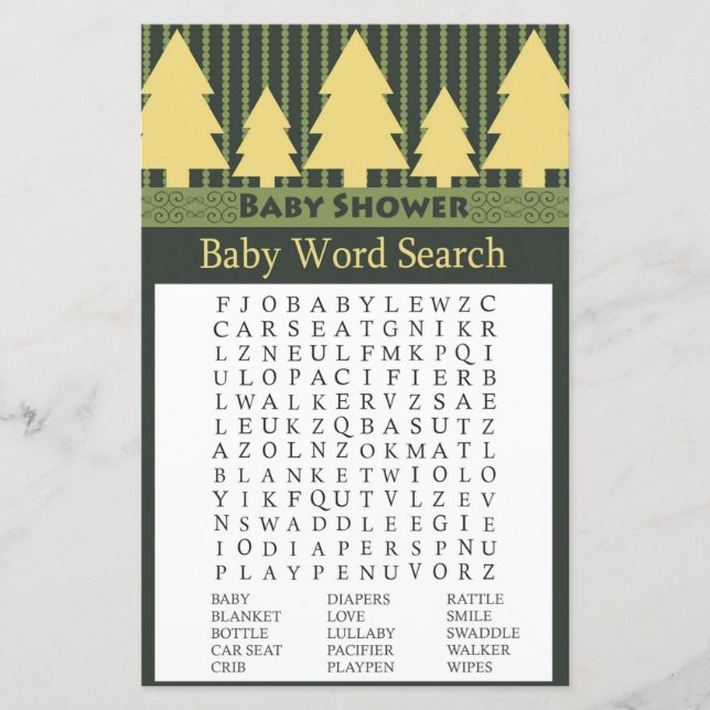 Golden Christmas Tree Baby Shower Word Search Game (Vorderseite)