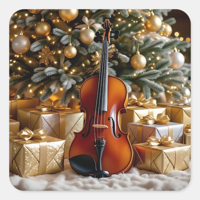 Golden Christmas Tree, Gifts and Violin Quadratischer Aufkleber (Vorderseite)