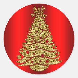 Golden Christmas Tree on Red Runder Aufkleber