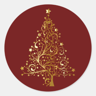 Golden Christmas Tree on Red Runder Aufkleber
