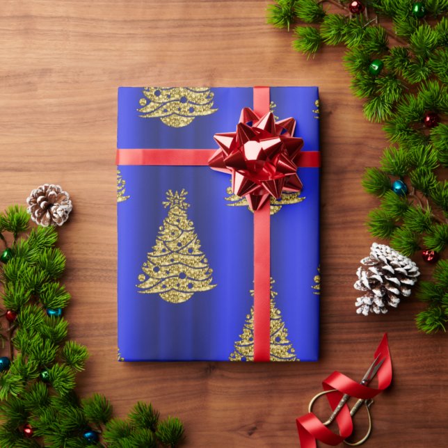 Golden Christmas Trees on Blue Geschenkpapier (Von Creator hochgeladen)