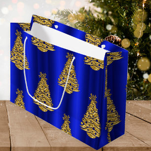 Golden Christmas Trees on Blue Große Geschenktüte