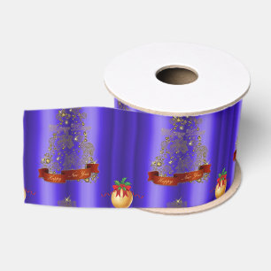 Golden Christmas Trees on Blue Ripsband
