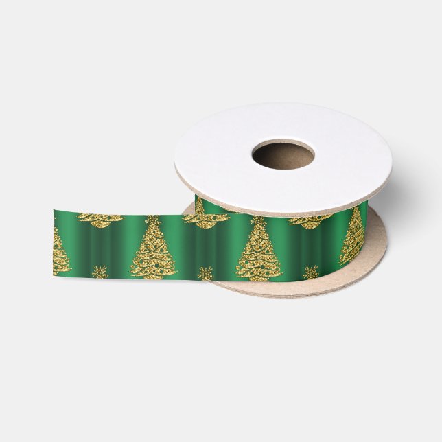 Golden Christmas Trees on Green Satinband (Spule)